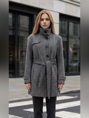Kenneth Cole Gray Houndstooth Belted Trench Coat